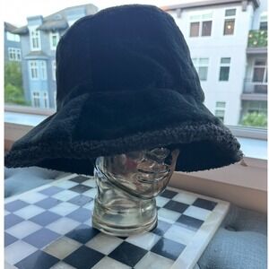 Sprigs Bucket Hat Faux Fur Boucle Reversible Wide Brim Black Winter One Size